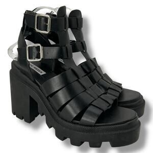 Steve Madden Black Chunky Strappy Heels Size 9.5 Buckle Platform Lug Gladiator
